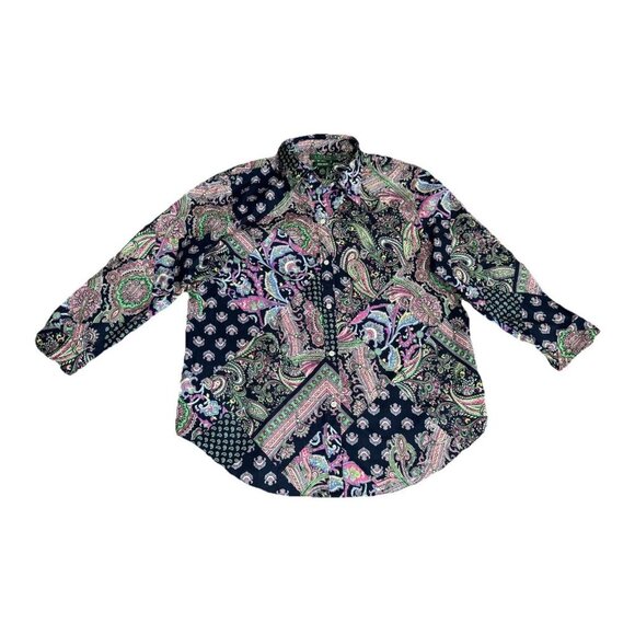 LAUREN RALPH LAUREN Mix Print Patchwork Paisley Non Iron Blouse Button Up XL - Picture 1 of 6